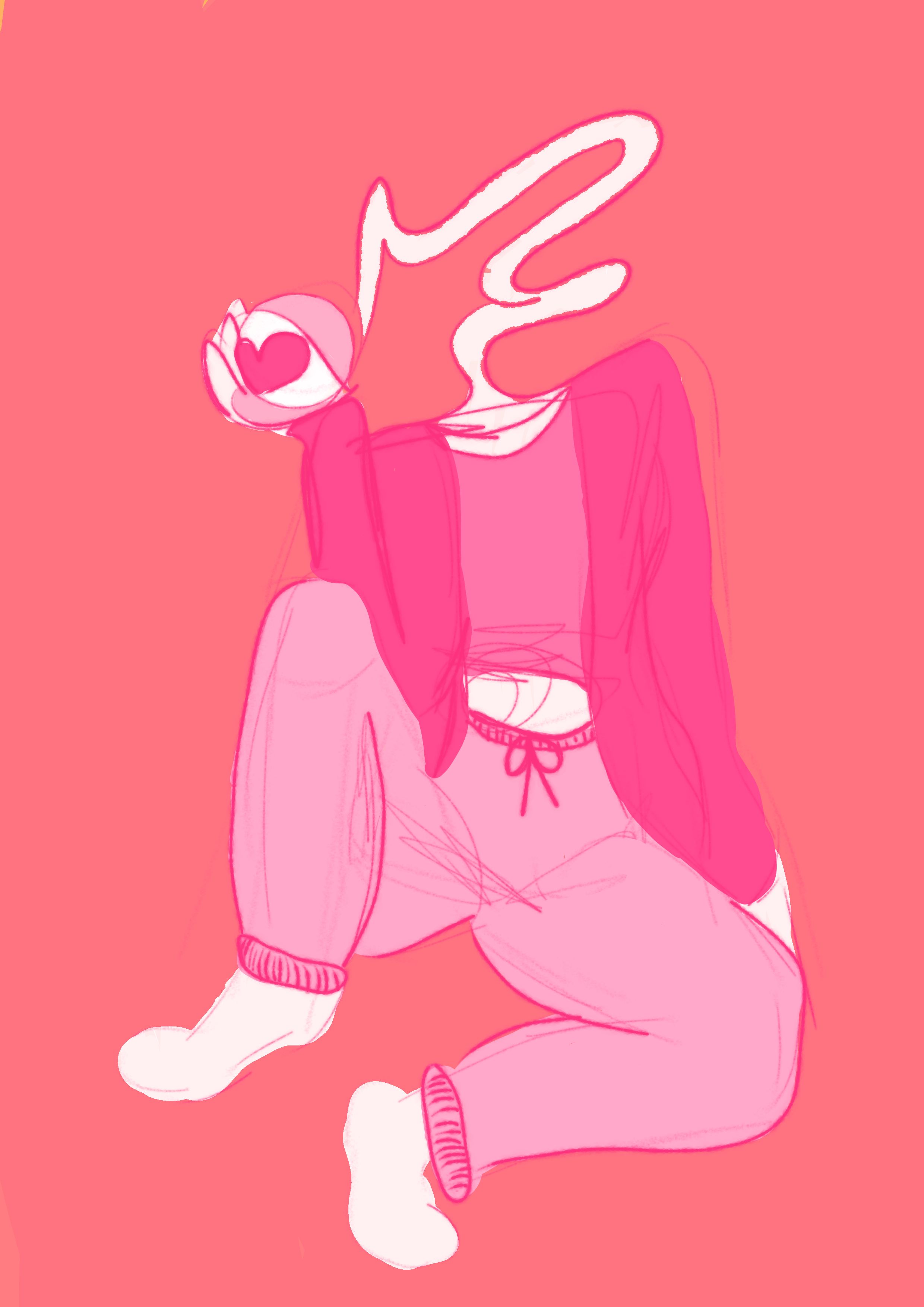 drawing of a character in pink sweat pants a pink sweater and a pink shirt, she has an eye for a head and her neck is long like a worm.
