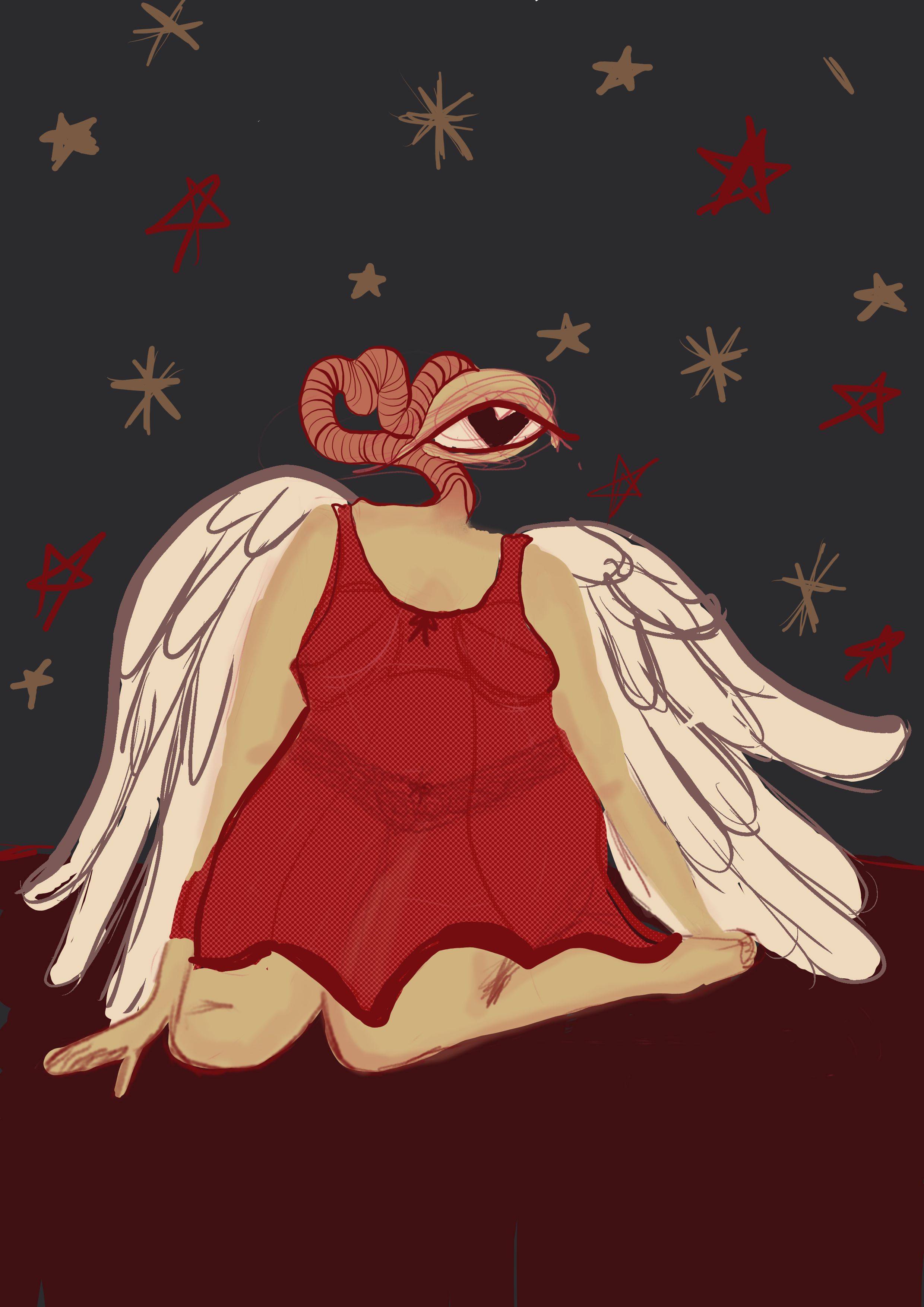 Character in a sheer red slip dress, with very pale angel wings