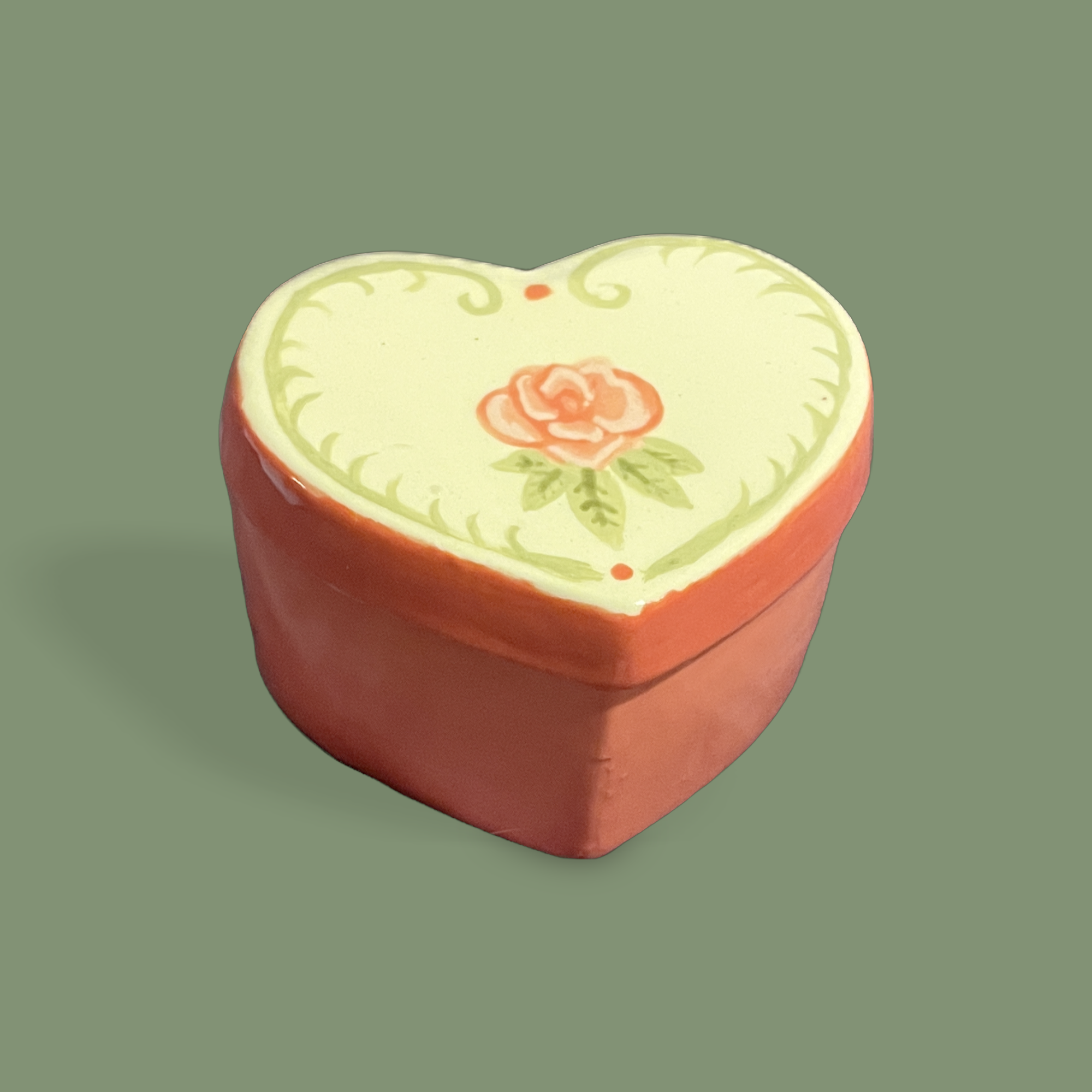 Heart Shaped Trinket Box with a pink rose painted on top.